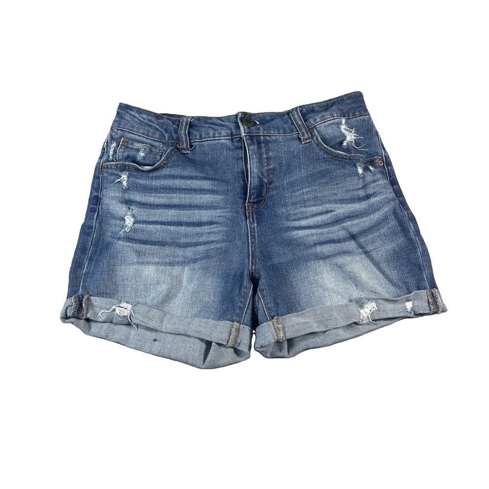 Time and Tru Women Blue Distressed Denim Cuffed Shorts Mid Rise Size 8